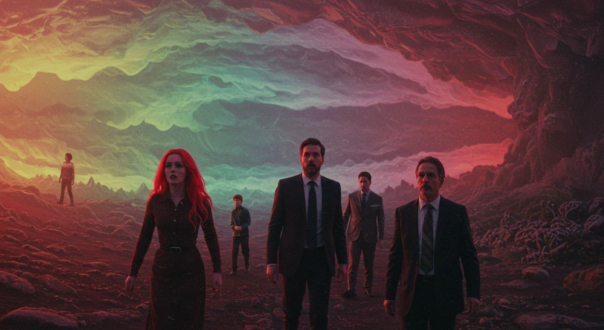 People exploring the mystery of the interdimensional afterlife in a cave illuminated by vibrant red and blue lights.