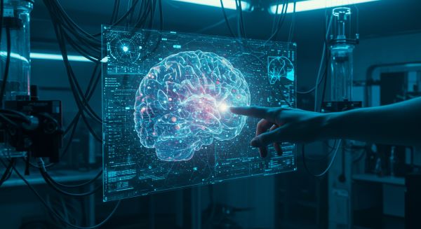 A hand reaching out to a screen featuring a brain image, representing engagement with mental health or neuroscience.